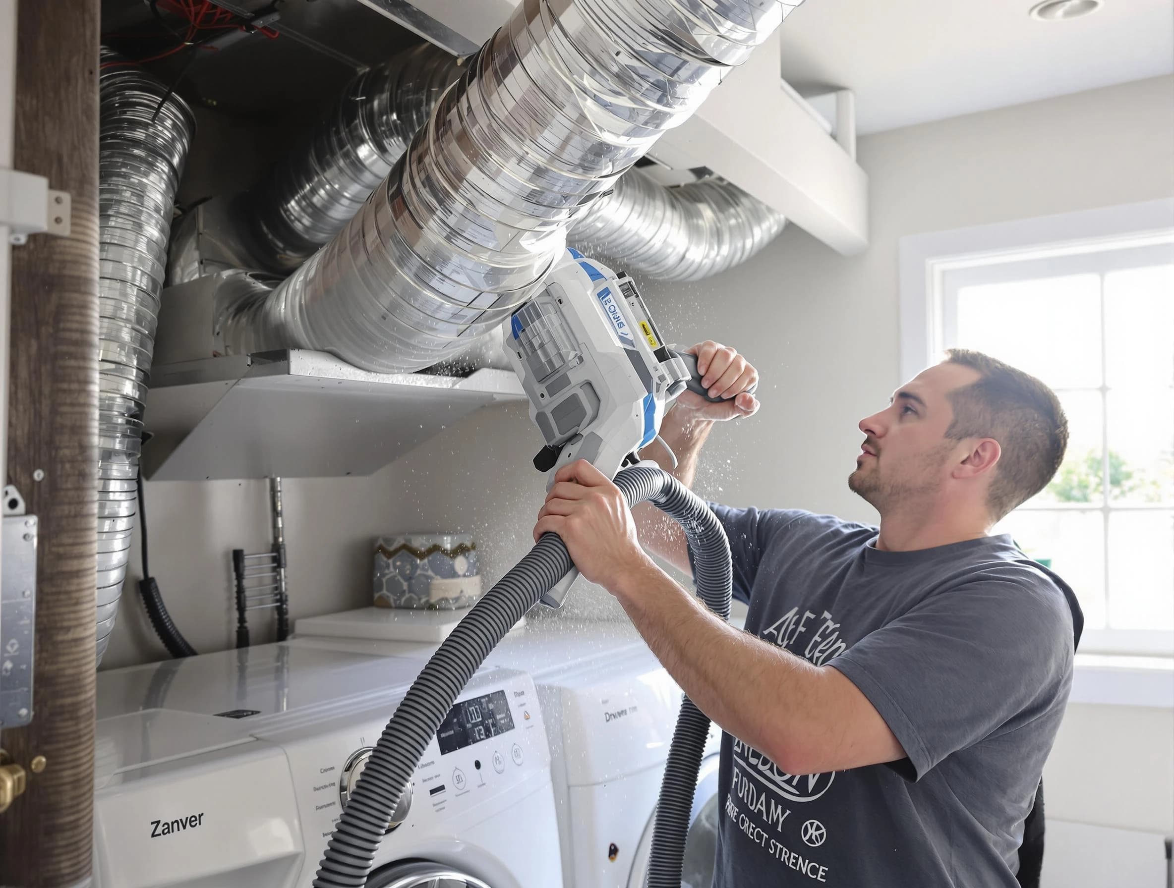 East Basin Dryer Vent Cleaning specialist cleaning deep within a dryer vent duct system in East Basin