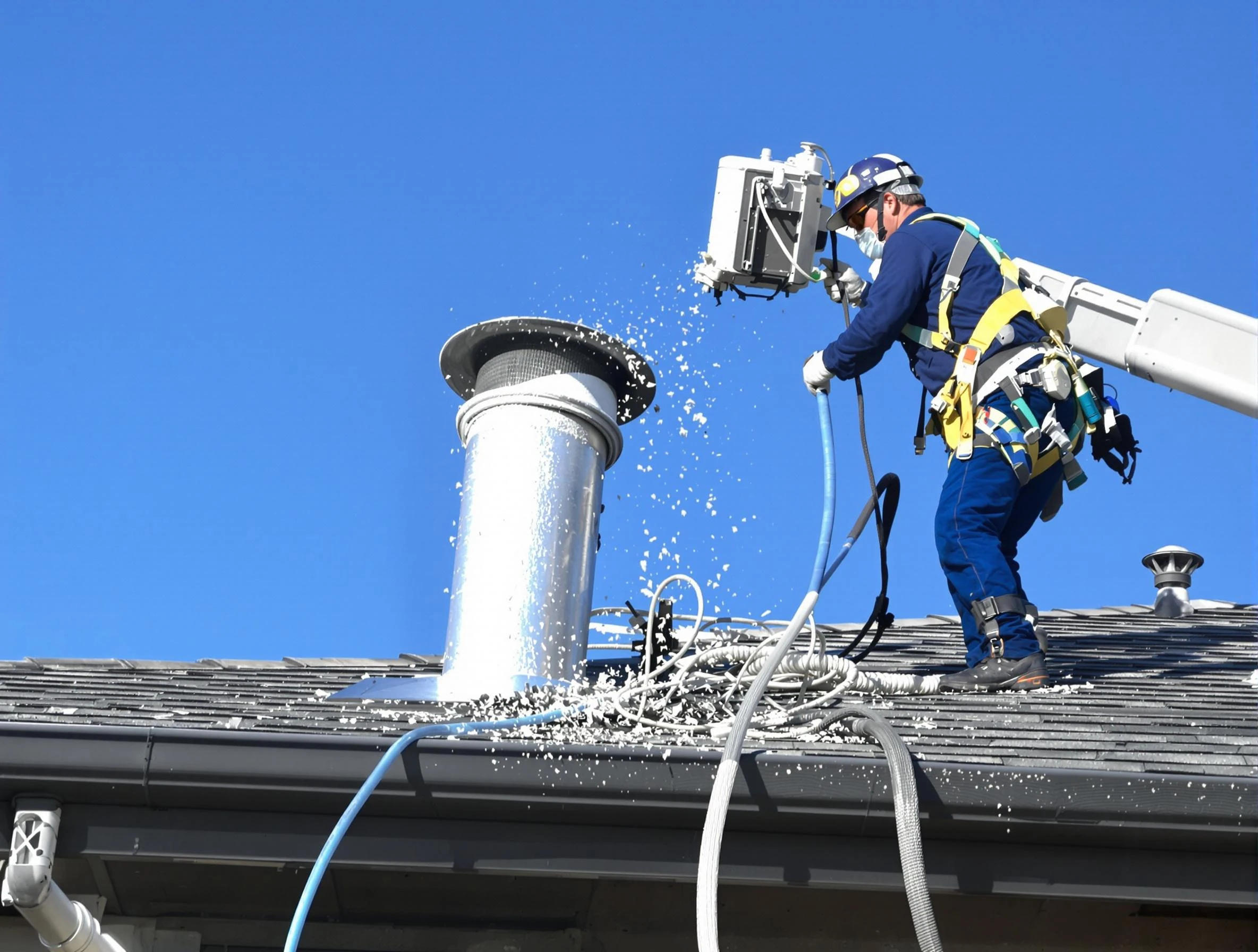 East Basin Dryer Vent Cleaning certified technician safely cleaning a roof-mounted dryer vent in East Basin